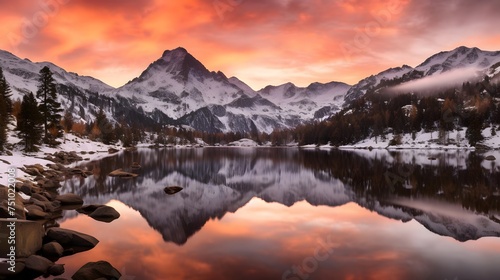 Beautiful panoramic landscape of snow covered mountains reflecting in lake