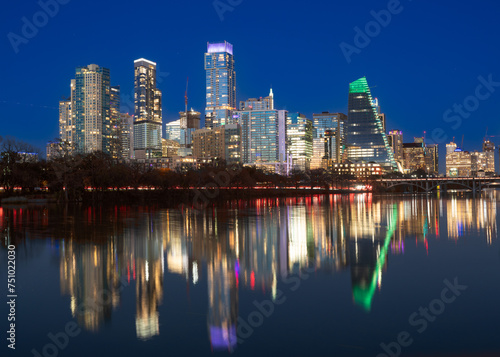 Austin Texas skyline seen at night with modern downtown buildings.