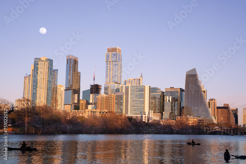 Austin Texas skyline at sunset with modern downtown buildings.