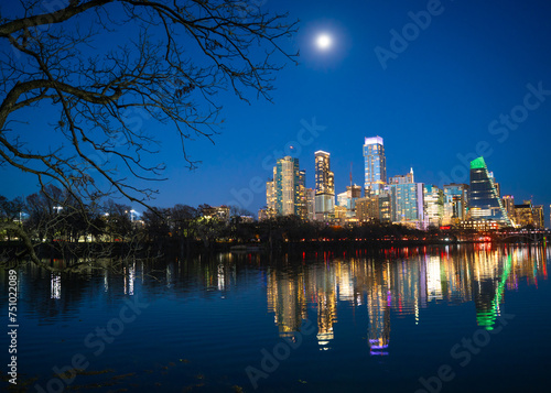 Austin Texas skyline seen at night with modern downtown buildings.