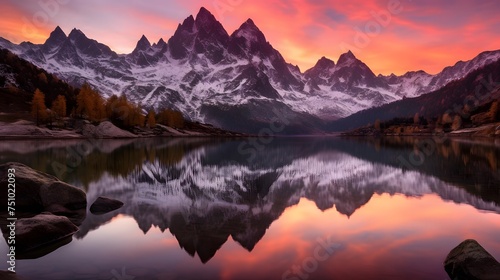 Mountains reflected in the lake with reflection of the sky and clouds