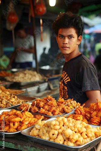 an Indonesian male working in his food sellers stalls serve buyers