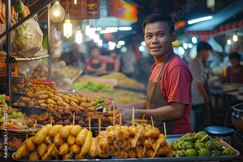an Indonesian male working in his food sellers stalls serve buyers