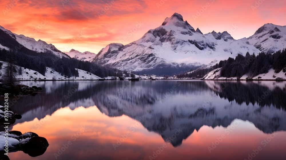Panoramic view of snow-capped mountains reflected in a lake at sunset