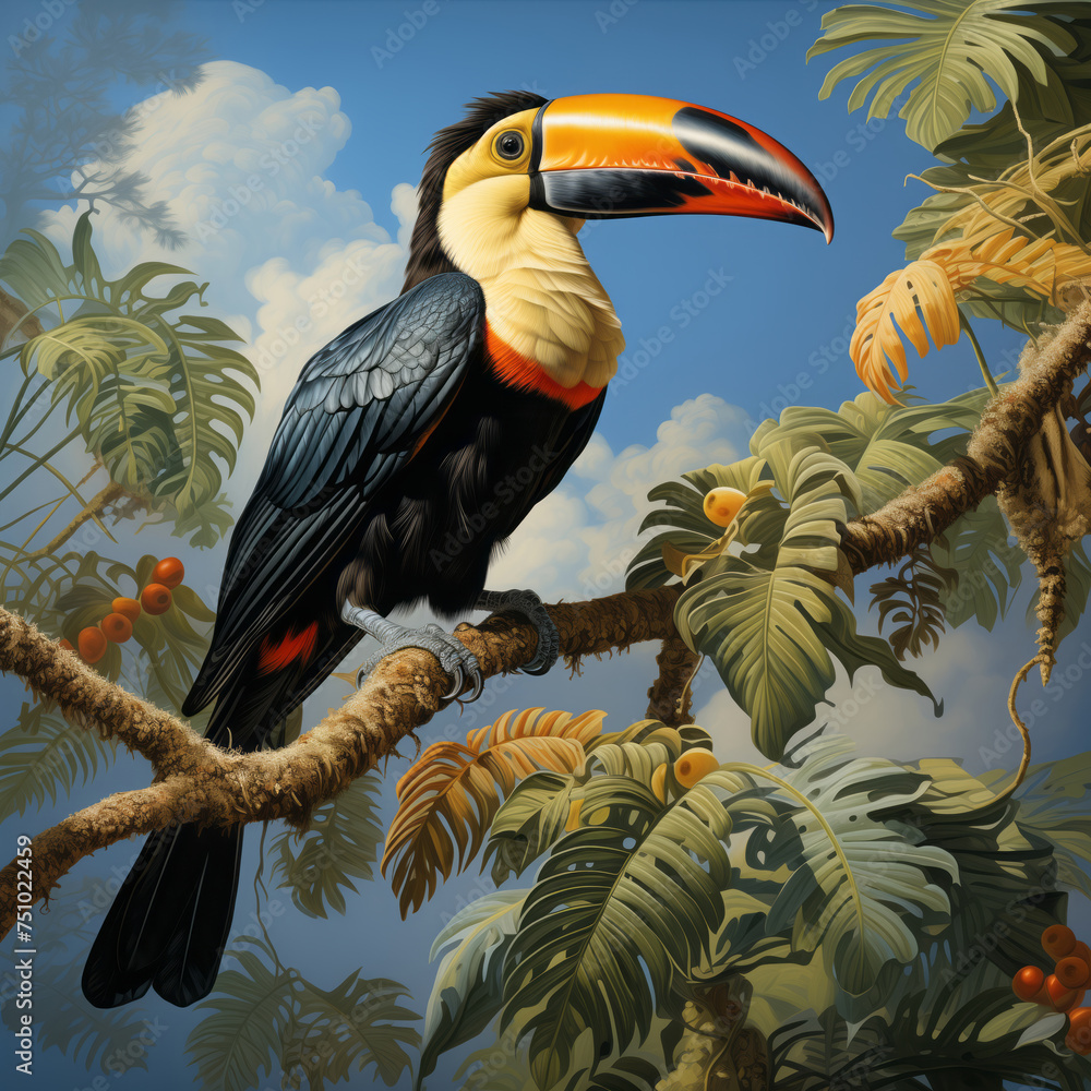 Obraz premium A toucan perched on a branch amidst a dense lush tropical foliage, exotic bird art