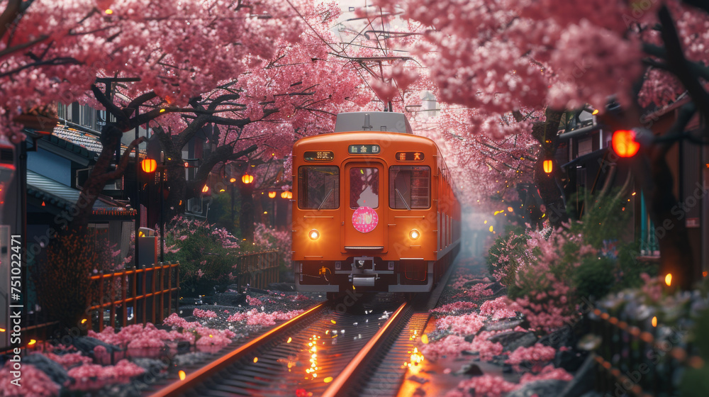 Obraz premium Japanese local train through cherry blossom trees, sakura season, Japan, Kyoto.