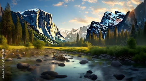 Beautiful panoramic view of a mountain river in the summer