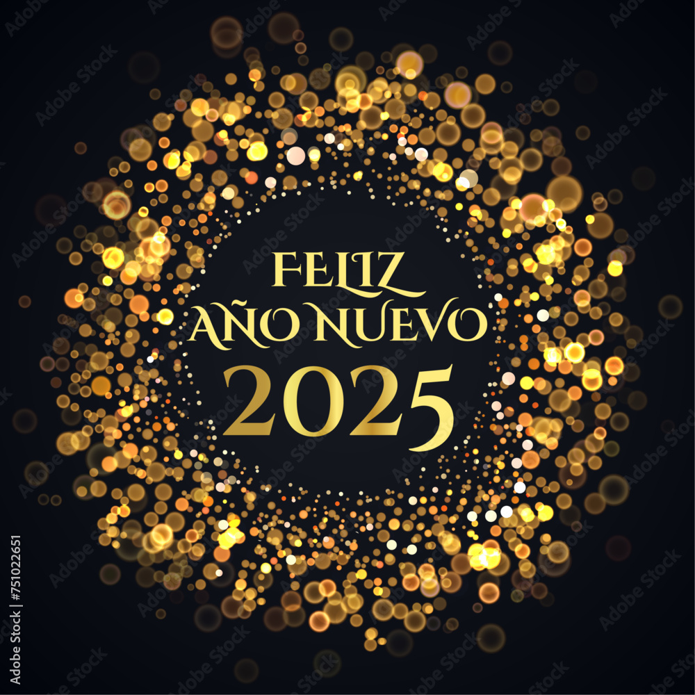 Tarjeta o banner para desear un feliz año nuevo 2025 en dorado en un círculo compuesto por círculos dorados con efecto bokeh sobre fondo negro	
	
