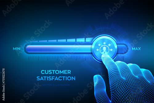 Customer satisfaction. Customer survey and feedback analytics. Using AI and automation technology in marketing. Wireframe hand is pulling up to the maximum position progress bar. Vector illustration.
