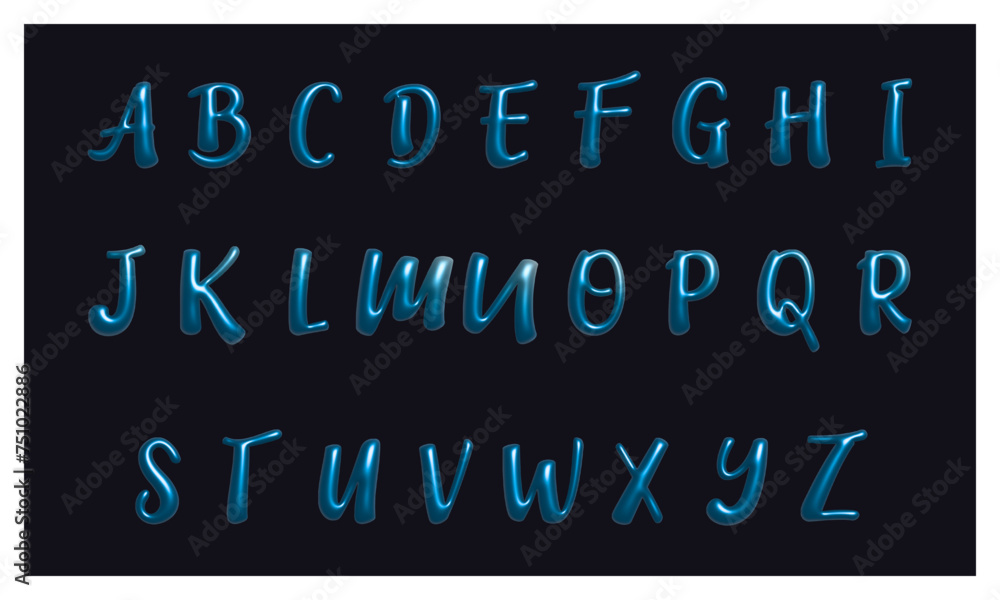 Glossy 3D font in Y2K style: shiny plastic holographic English letters. Vector elements for social media, web design, posters, collages, apparel, music albums.	