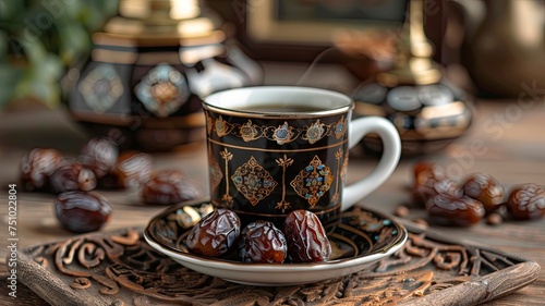 Ramadan kareem with premium dates and arabic coffee mug - generative ai