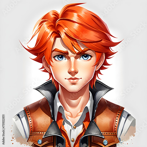 Sunset Stylings: Watercolor Portraits of a Cute Boy Character with Orange Hair in Various Outfits.(Generative AI) photo