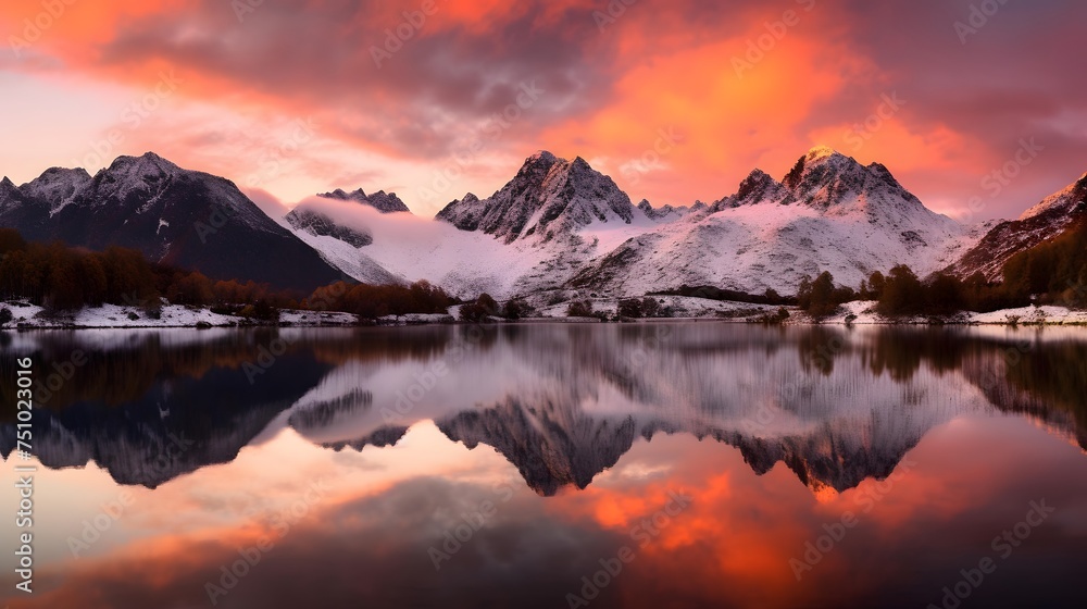 Panoramic view of snowcapped mountains and lake at sunset