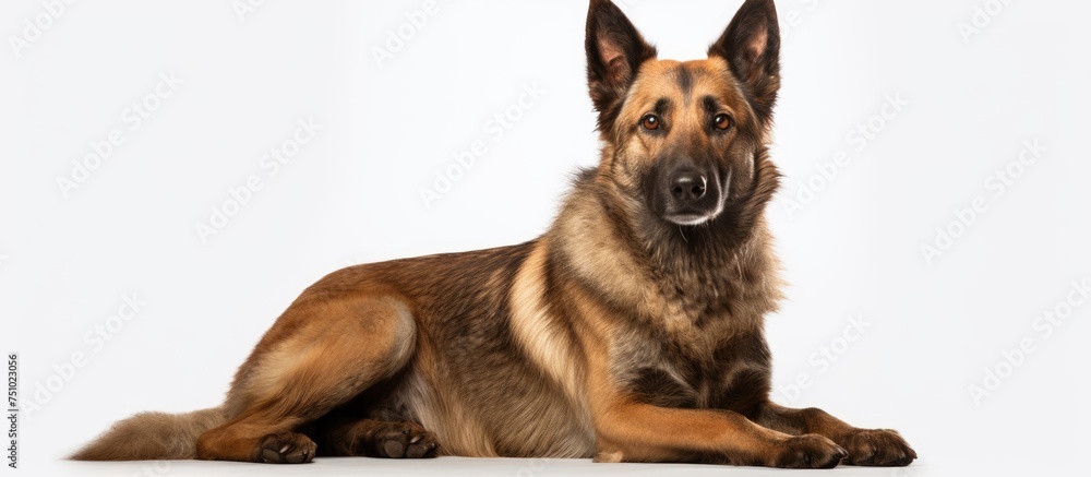 A Laekenois Belgian Shepherd dog, with a medium to long coat in shades of brown, is laying down on top of a clean white floor.