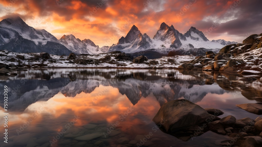Panoramic view of snow-capped mountains reflected in water