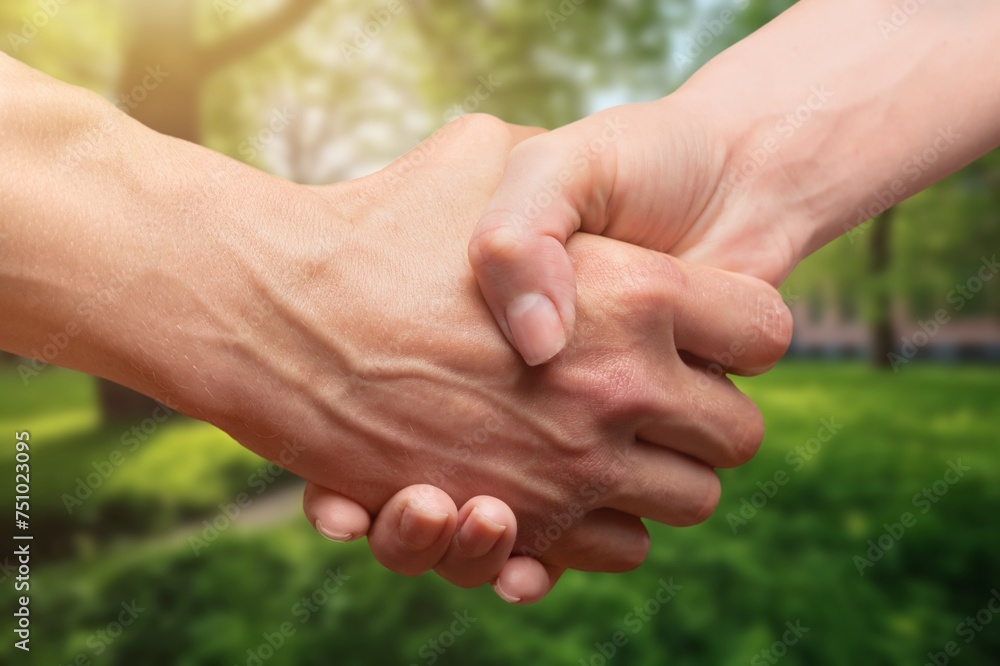 Two people shaking hands on outdoor background Two people shaking hands on outdoor background