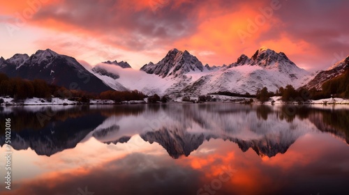 Panoramic view of snowcapped mountains and lake at sunset © Iman