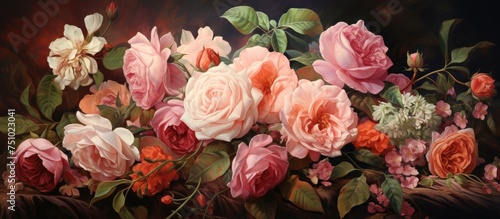 A painting featuring a variety of pink and red flowers in full bloom, set against a dark black background. The flowers, including roses and other vibrant blooms, stand out boldly against the stark © pngking