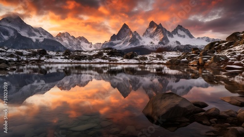 Panoramic view of snow-capped mountains reflected in water