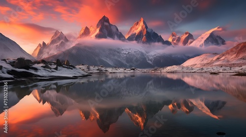 Mountains reflected in the water at sunset. Panoramic view