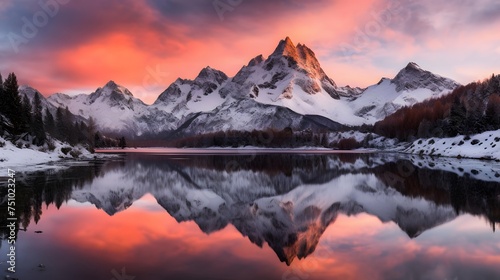 Panorama of snowcapped mountains reflecting in a lake at sunset