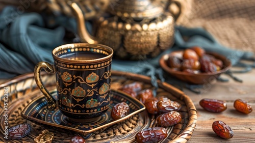 Ramadan kareem with premium dates and arabic coffee mug - generative ai photo