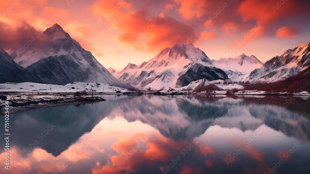 Beautiful panoramic landscape of snowy mountains and lake at sunset