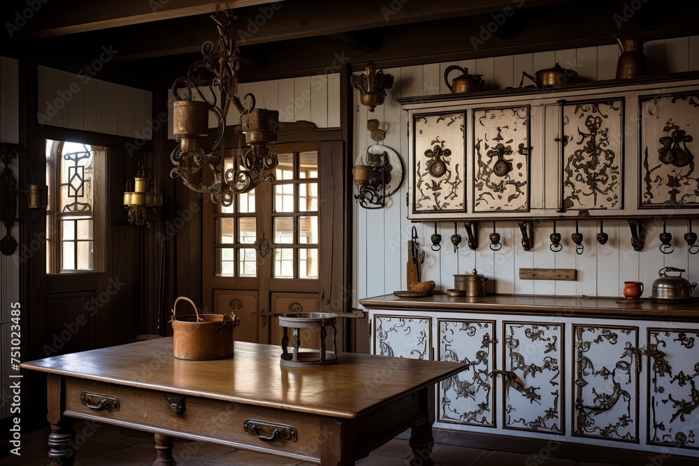 Ornate Ironwork Detail in Farmhouse Interior: Cabinet Handles and Fixtures
