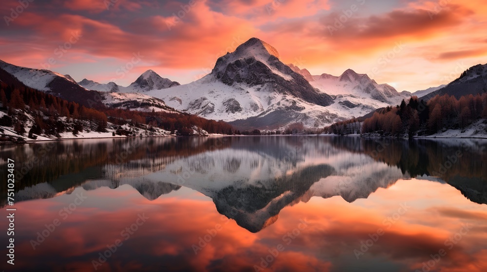 Panoramic view of a mountain lake at sunset with reflection in the water