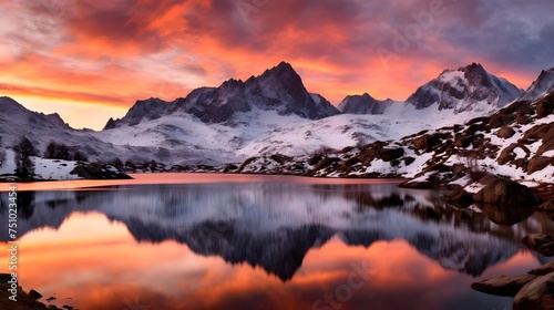 Panoramic view of snow capped mountains reflected in lake at sunset © Iman