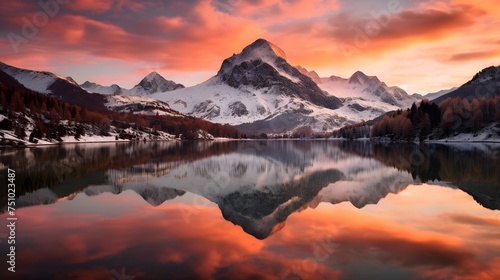 Panoramic view of a mountain lake at sunset with reflection in the water © Iman