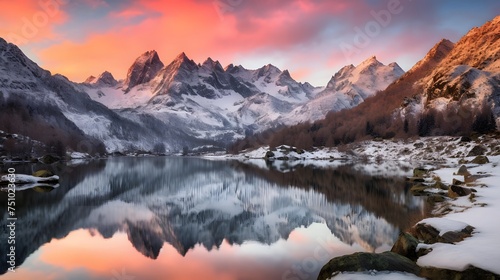 Panoramic view of snow capped mountains reflected in a lake at sunrise
