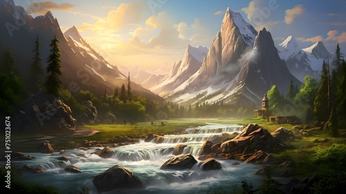 Mountain landscape panorama with river and mountains in the background.