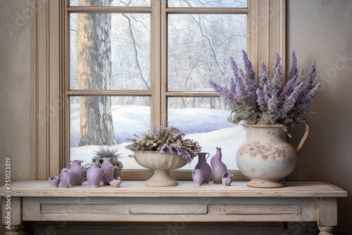 French Country Winter Landscape: Lavender and Rose Planters at Vintage Stone Fountains