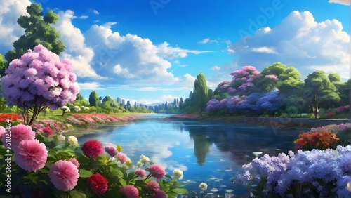 landscape with flowers, ai generated