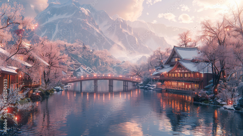 Japan rural scene with cherry blossoms and a traditional bridge. - obrazy, fototapety, plakaty 