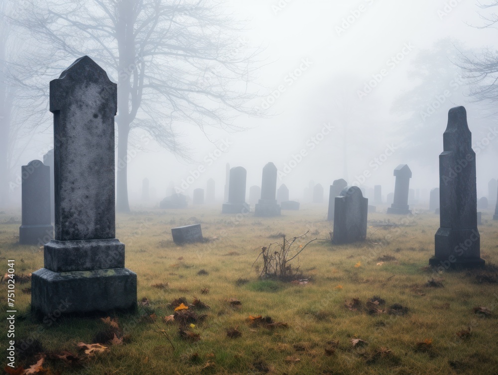 a cemetery with fog in the background