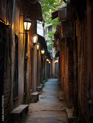 a narrow alleyway with lights on