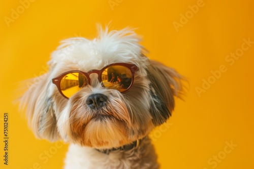 Fashionable dog wearing sunglasses, showcasing a whimsical and playful pet style, Concept of pet fashion and lifestyle  © JovialFox