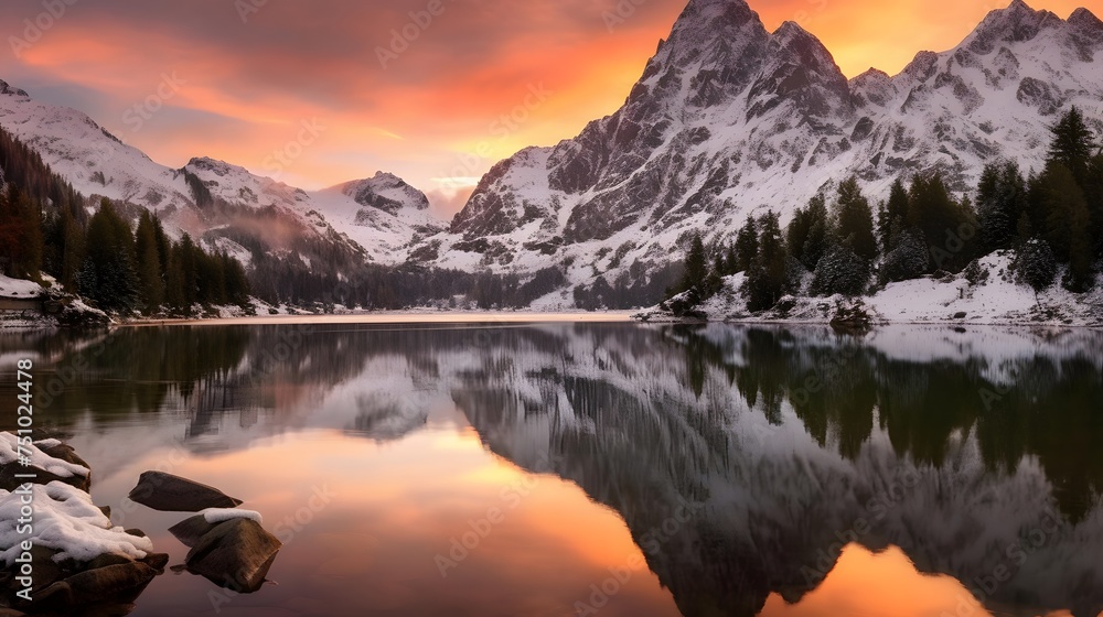 Panoramic view of the alpine lake at sunset, Switzerland