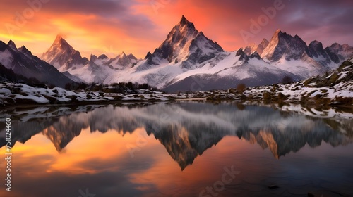 Panorama of snowy mountains reflected in lake at sunset. Caucasus, Russia