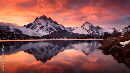 Panoramic view of snowy mountains reflected in the water at sunset © Iman