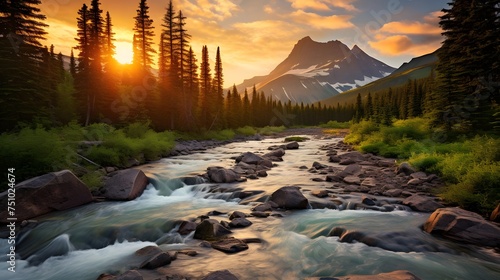 Panoramic view of a mountain river at sunset. Mountain landscape.