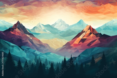 a mountain range with trees and a sunset