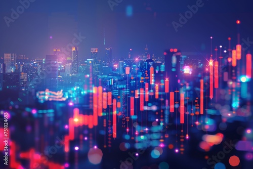 Glowing forex candlestick chart with big data on blurry city background. Financial graph diagram for stock market investment trading, analysis, and economic growth. Concept for business, finance