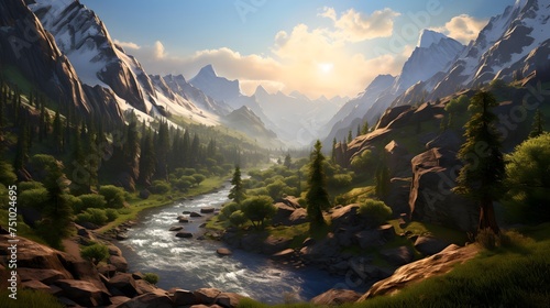 Panoramic view of a mountain river in the mountains at sunset © Iman