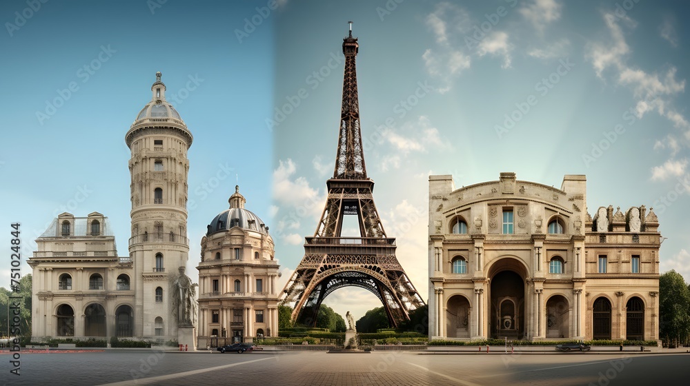 Eiffel Tower in Paris, France. Panoramic view