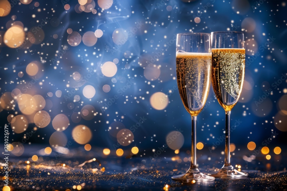 Two champagne glasses filled with sparkling wine against a bokeh background of golden lights, capturing a festive and celebratory mood. Concept of celebration, luxury, and festivity.
Two champagne glasses filled with sparkling wine against a bokeh background of golden lights, capturing a festive and celebratory mood. Concept of celebration, luxury, and festivity.