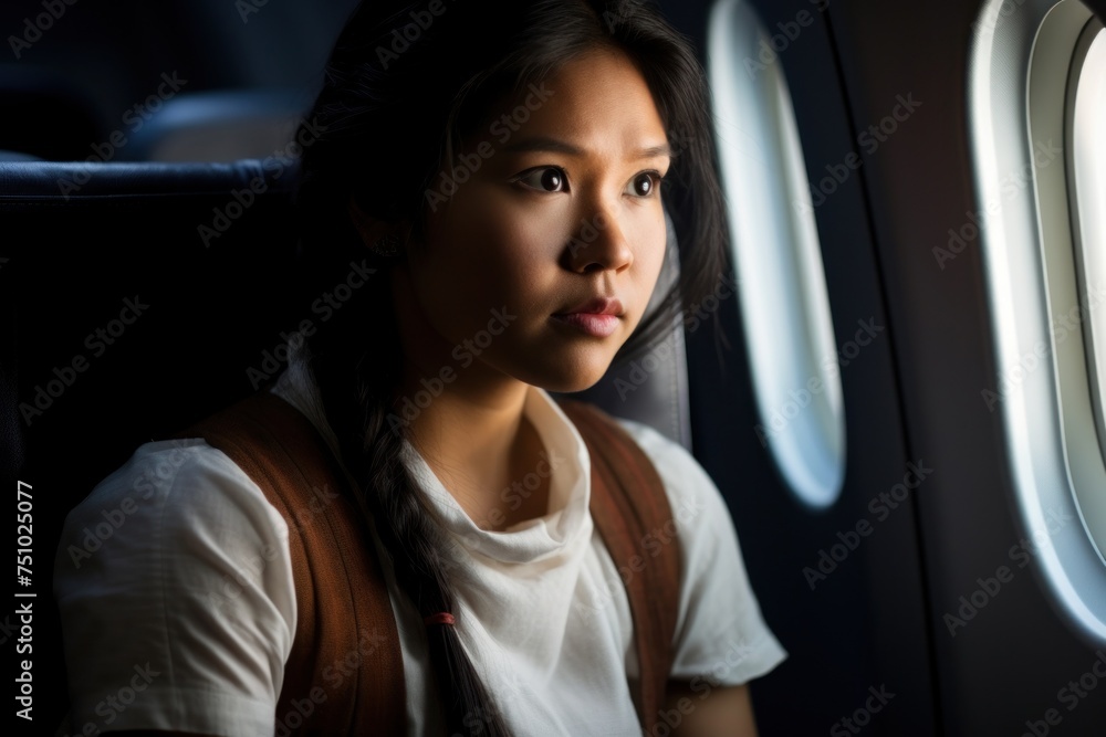 a woman looking out of an airplane window