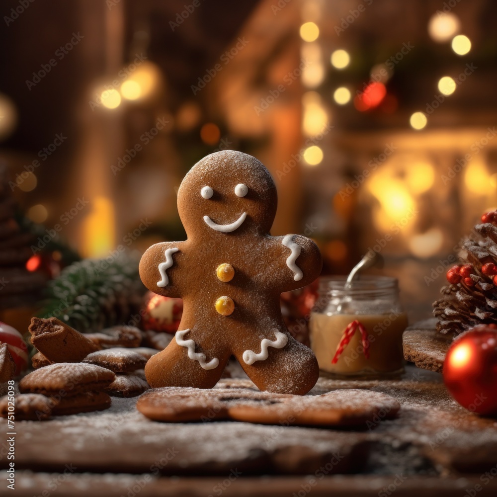 a gingerbread man with a candle and pinecones